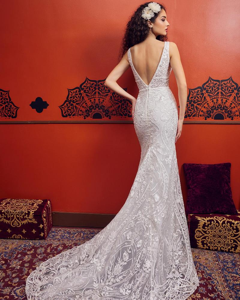 Lp2352 lace deep v wedding dress with lace cap sleeves5